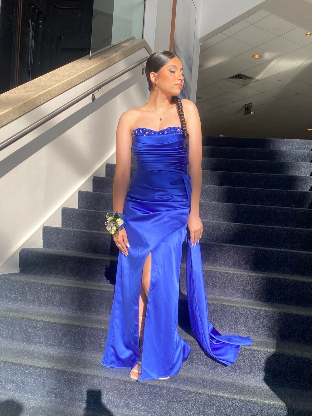 Strapless Royal Blue Satin Prom Dress with Beaded Bodice